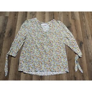 Rose & Thyme Blouse Womens Size S Floral Multi Color Ladies Tie Sleeve Excellent